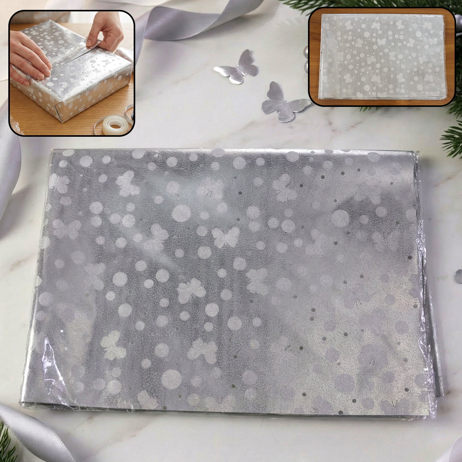 Silver decorative gift wrapping paper sheets with butterfly and polka dot designs