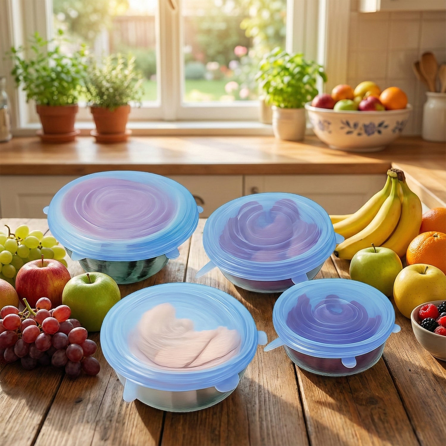 Reusable silicone stretch lids sealing a bowl and a container