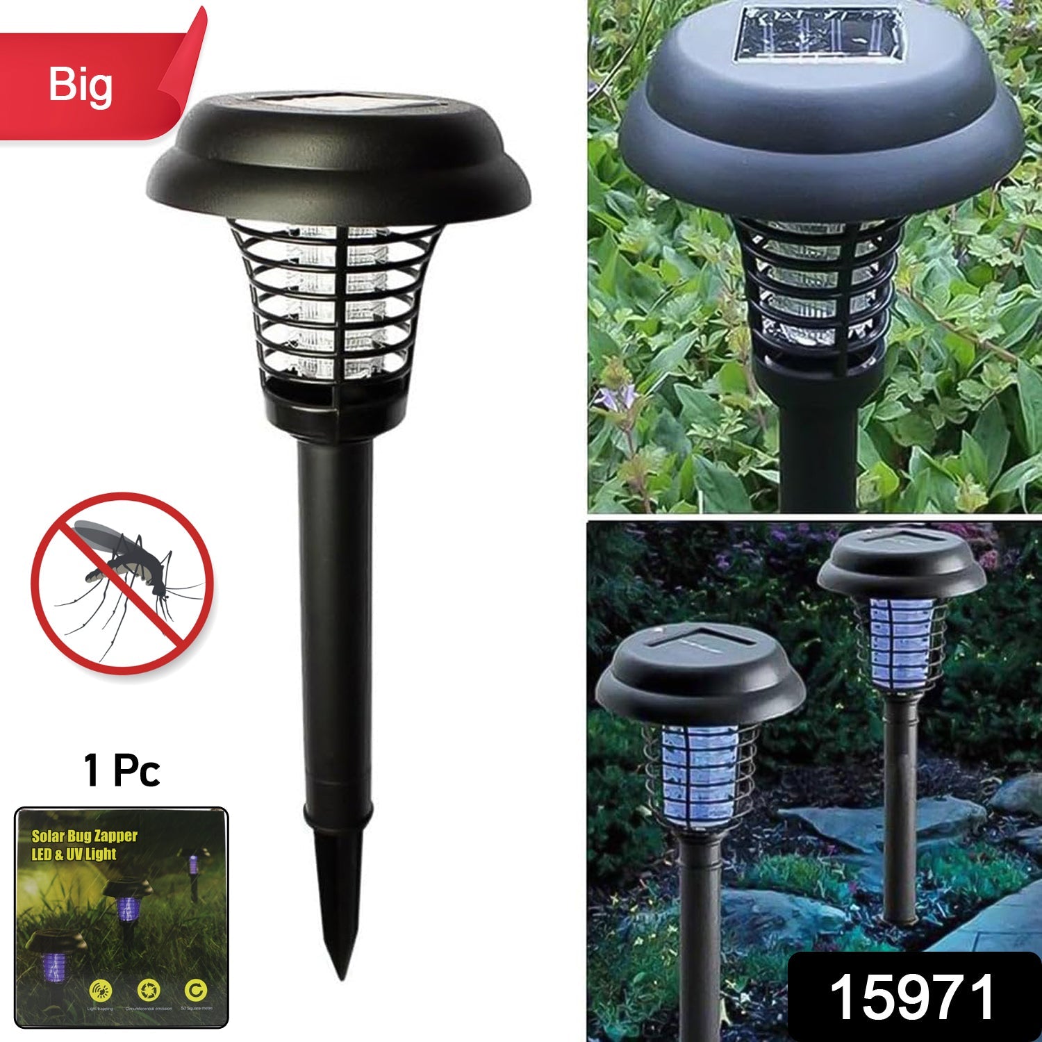 Solar powered UV LED mosquito zapper light illuminating outdoor area
