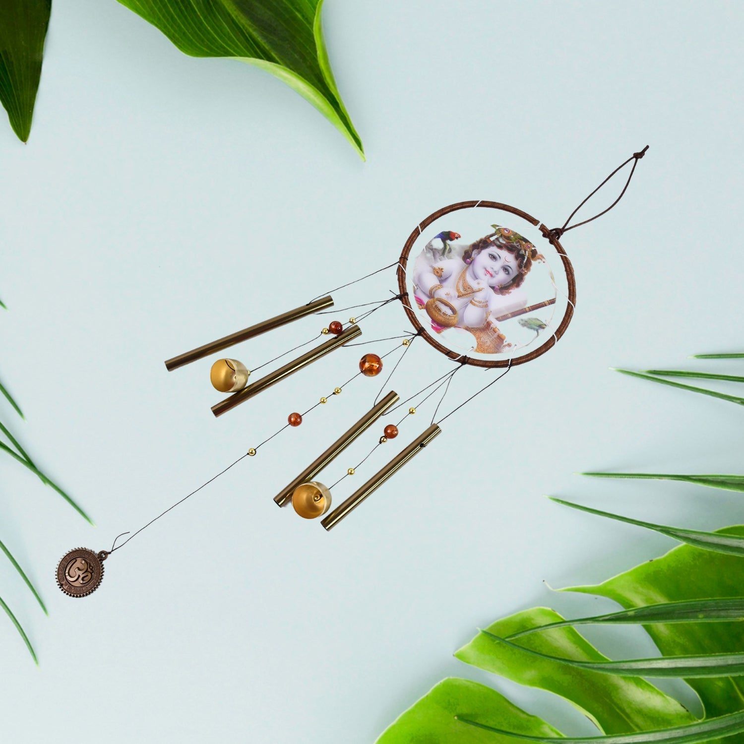 Close-up of Krishna Dream Catcher Wind Chime with sacred Krishna motif