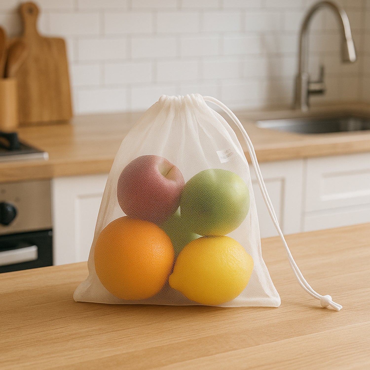 Transparent mesh storage bag holding fresh fruits and vegetables