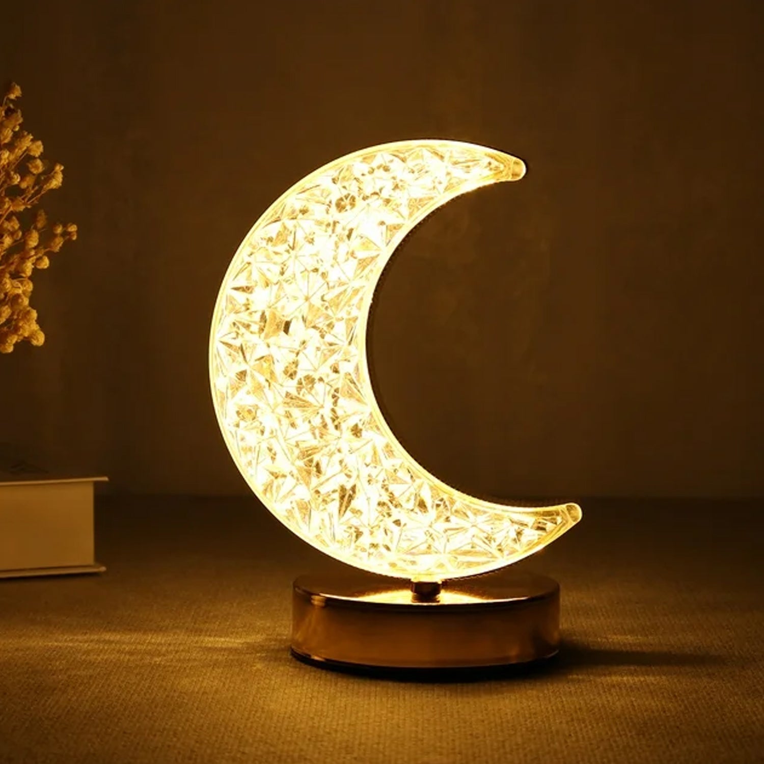 Elegant Moon Crystal Lamp with 3-color dimmable touch control on a modern desk.