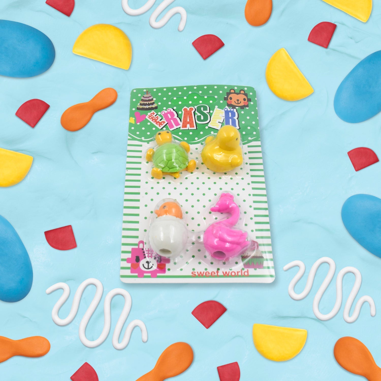 Detailed view of several cute 3D erasers, including miniature food and animal shapes, suitable for young students.
