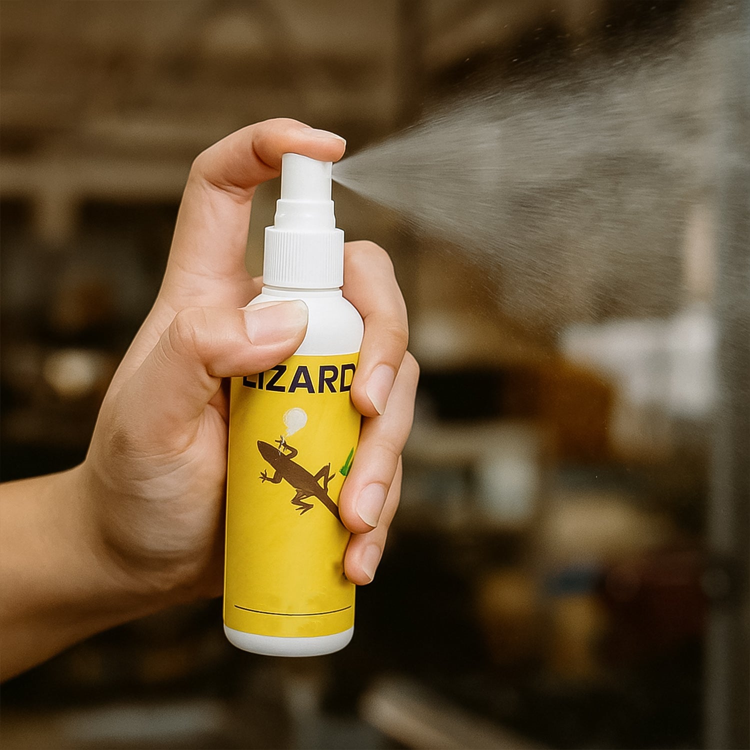 Lizard repellent spray being applied indoors as safe natural pest control