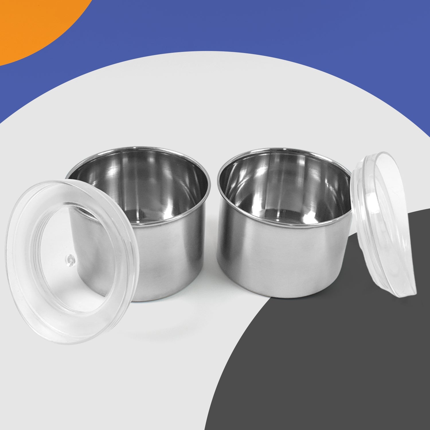 Side view of Konvex stainless steel containers featuring clear plastic airtight lids for kitchen storage.
