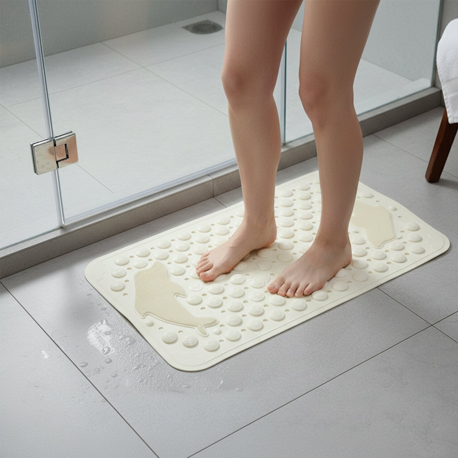 Close-up of textured surface of anti-slip bath mat for bathroom stability