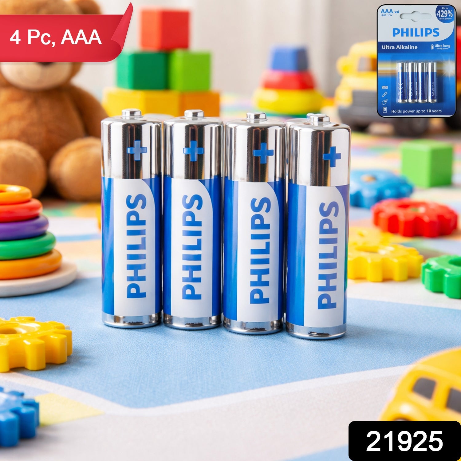 Close-up of AAA battery pack of 4 for remote controls, toys, and clocks
