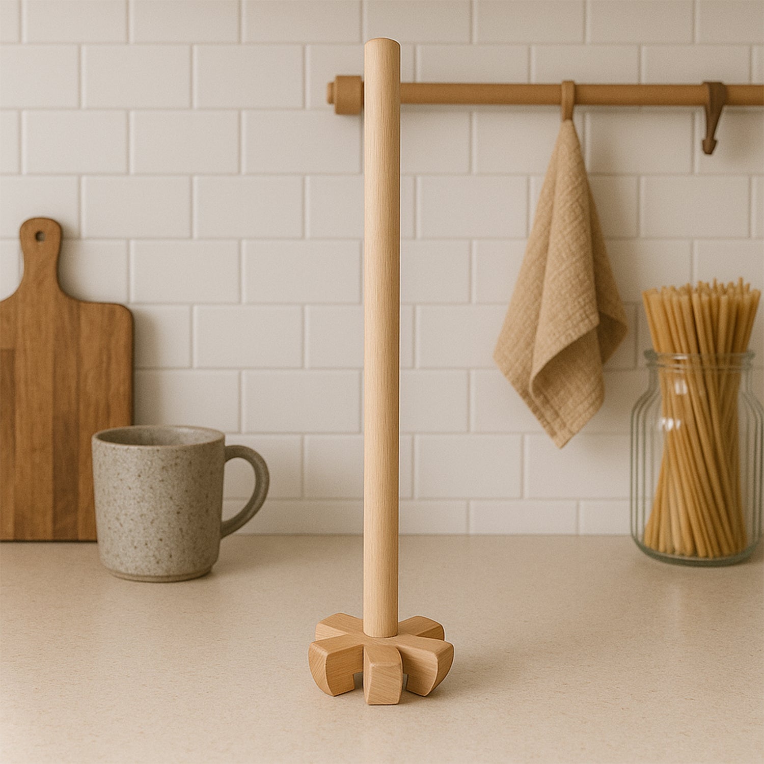 Durable wooden blender resting on a clean kitchen counter.