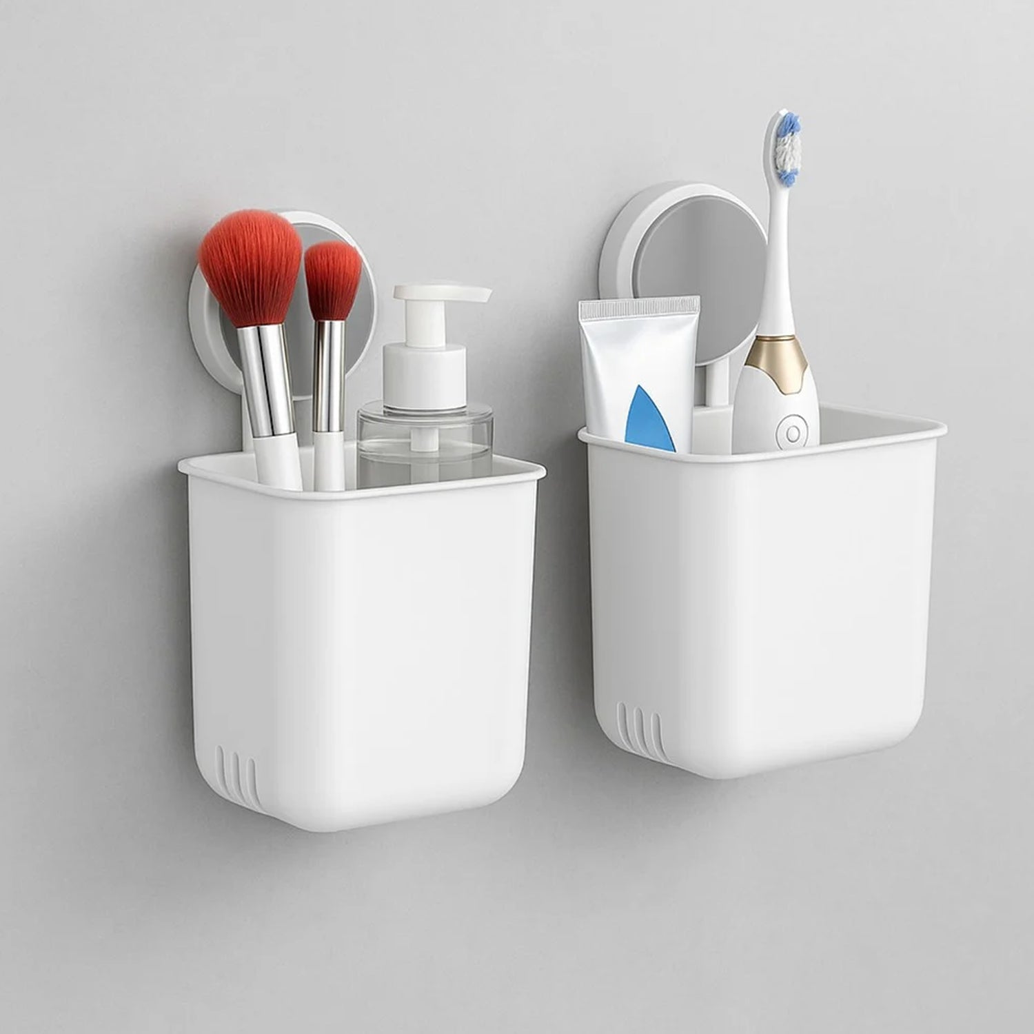 Wall mounted bathroom organizer cups set in use