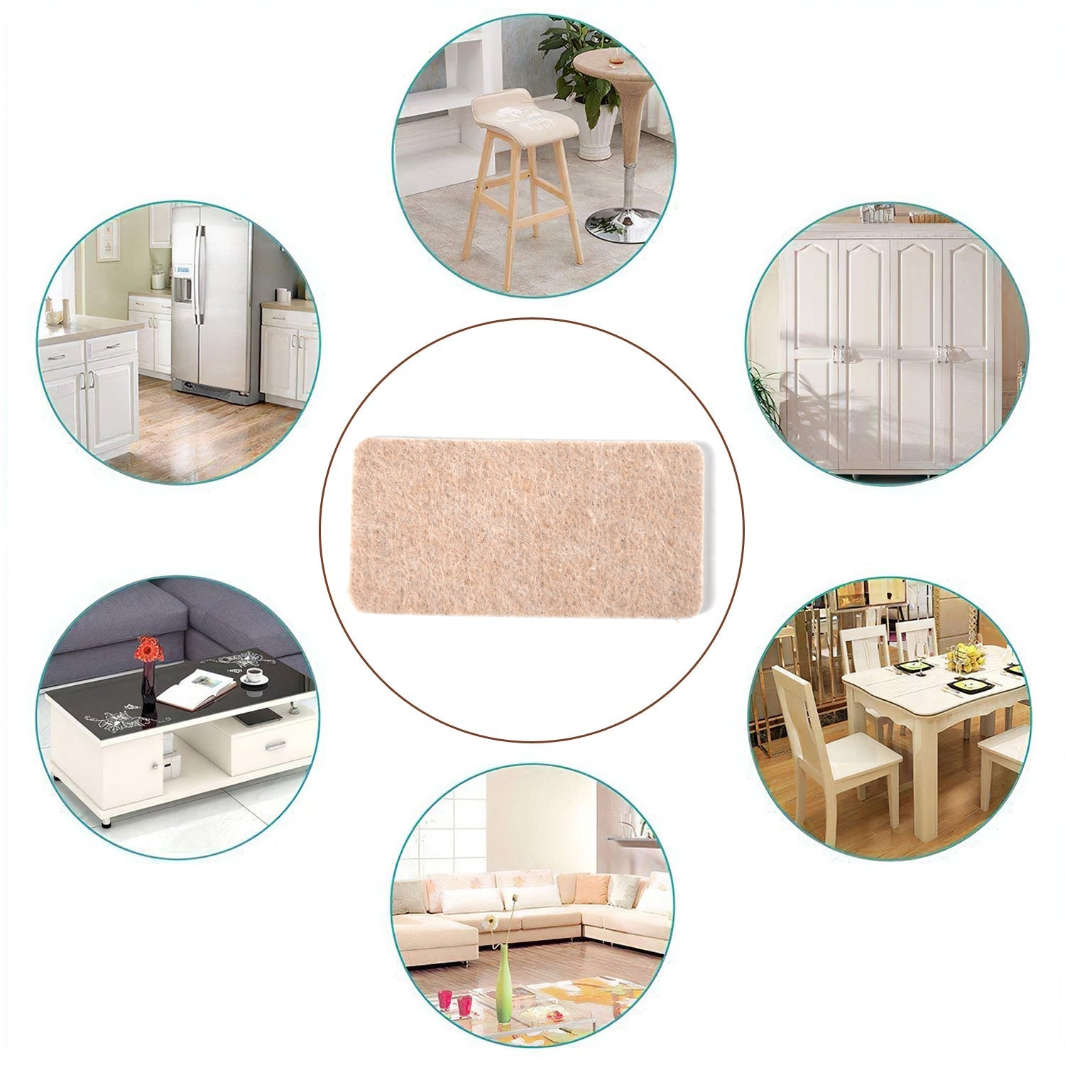 Self-adhesive square felt pads applied to a chair leg, preventing floor damage and noise.