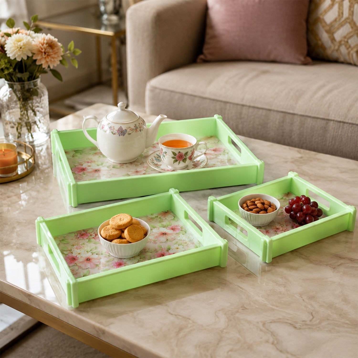 Supermom Floral Printed Multipurpose Serving Tray Set with Side Handles