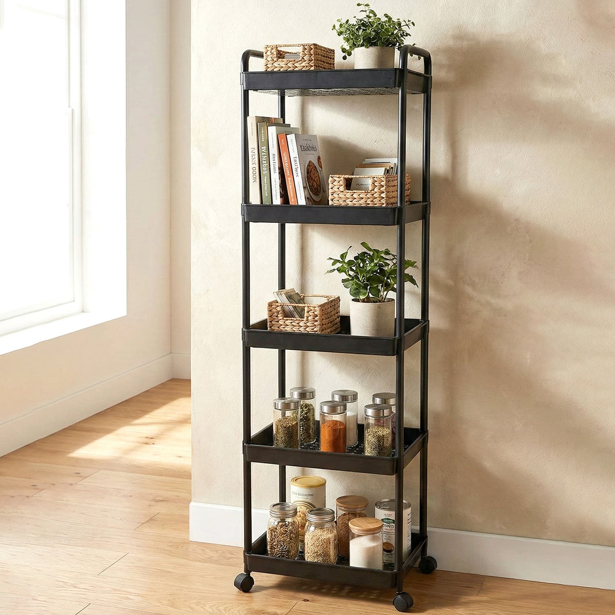 Storage organizer trolley with multipurpose compartments and mobility