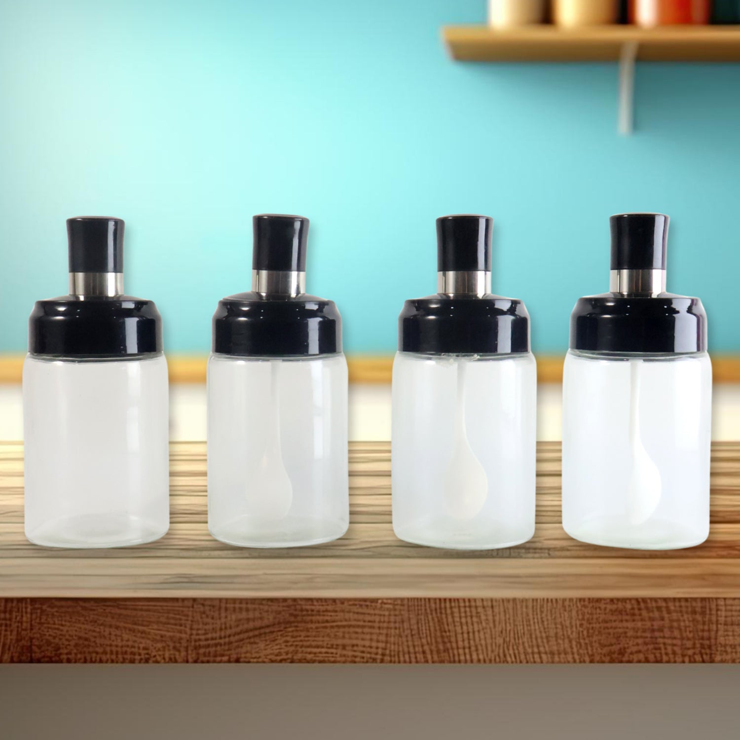 Elegant spice organizer with clear glass jars featuring airtight seals and measuring spoons