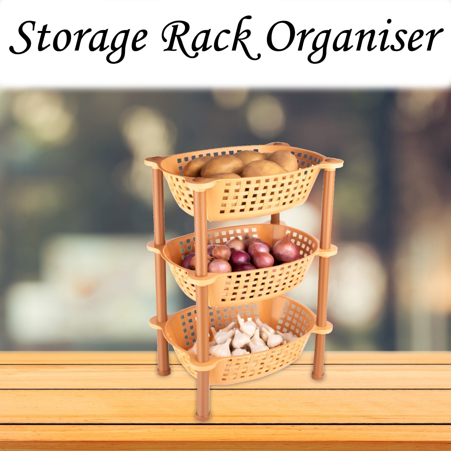 Versatile plastic storage rack holding pantry items in a well-organized kitchen cabinet.