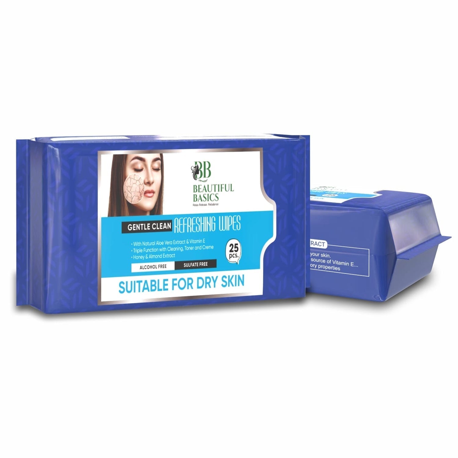 Stack of Beautiful Basics Face Wipes packets for dry and sensitive skin.
