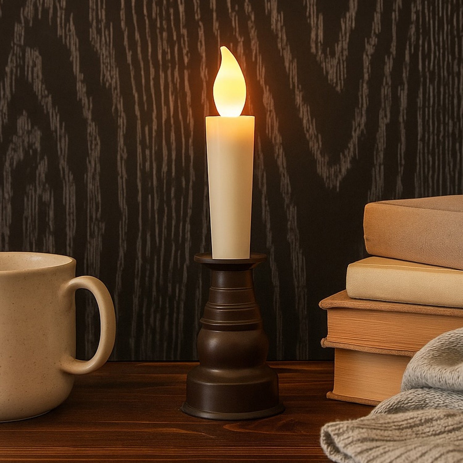 Premium LED flameless candle with holder showing warm flickering light
