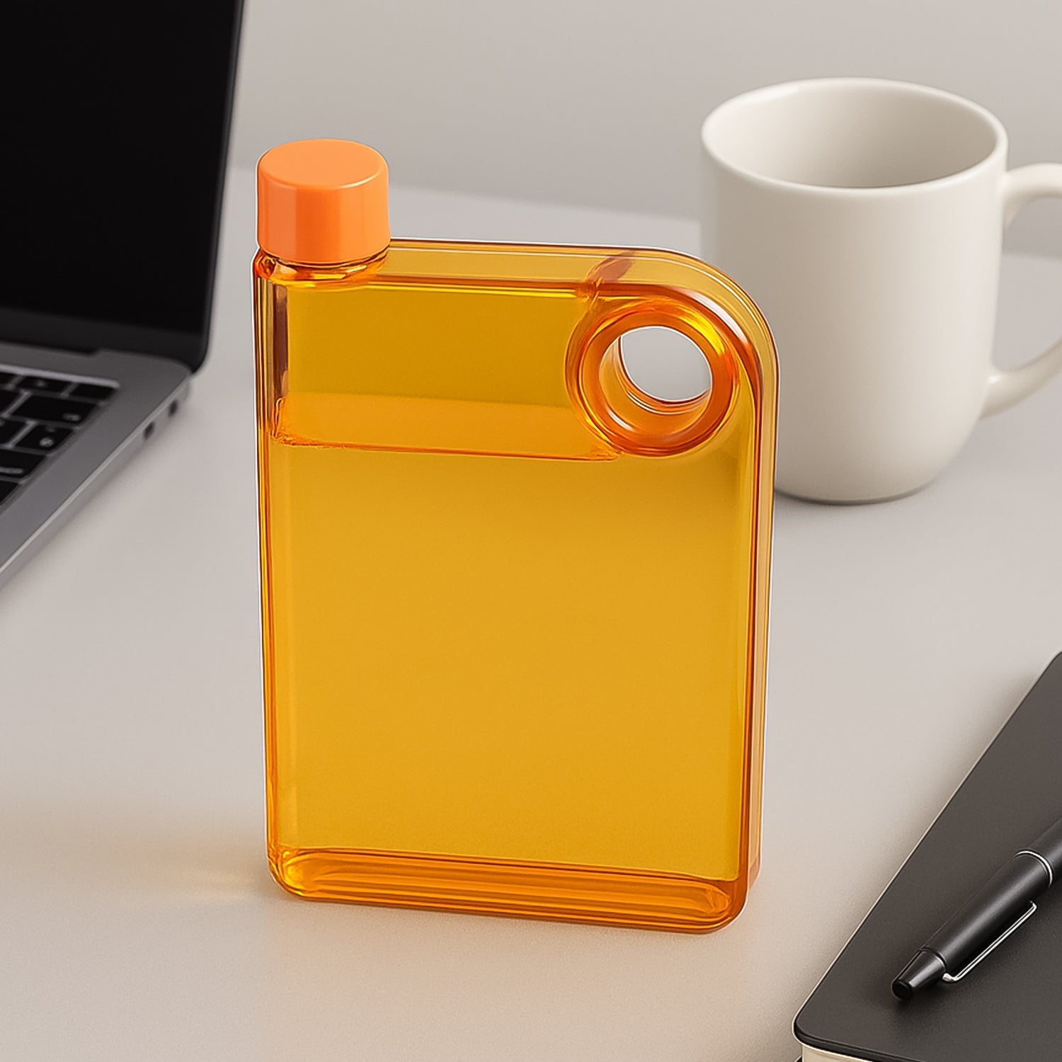 Front view of the Own Hydrate slim water bottle, showcasing its innovative notebook design.