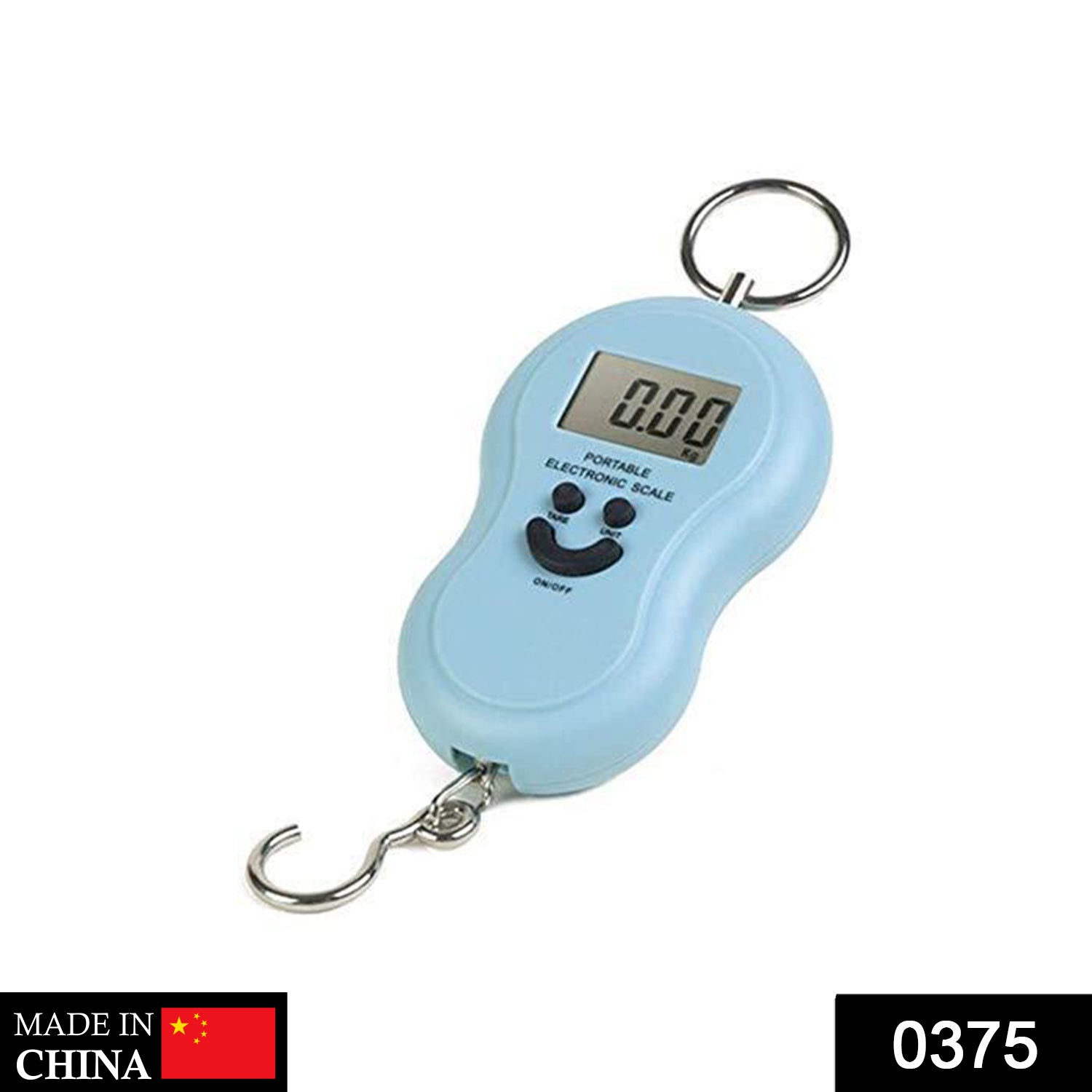 Portable electronic scale with a metal hook, showing its compact size.