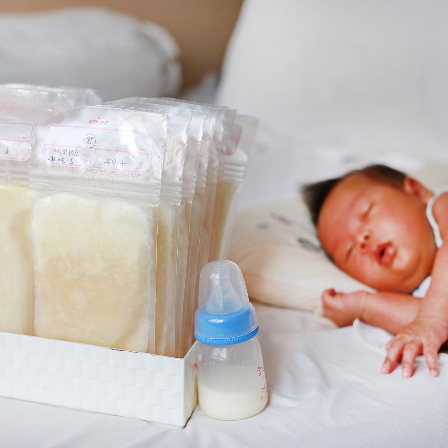 Breastmilk Storage Bags from FERVENT laid flat in a freezer, showing efficient space-saving storage.