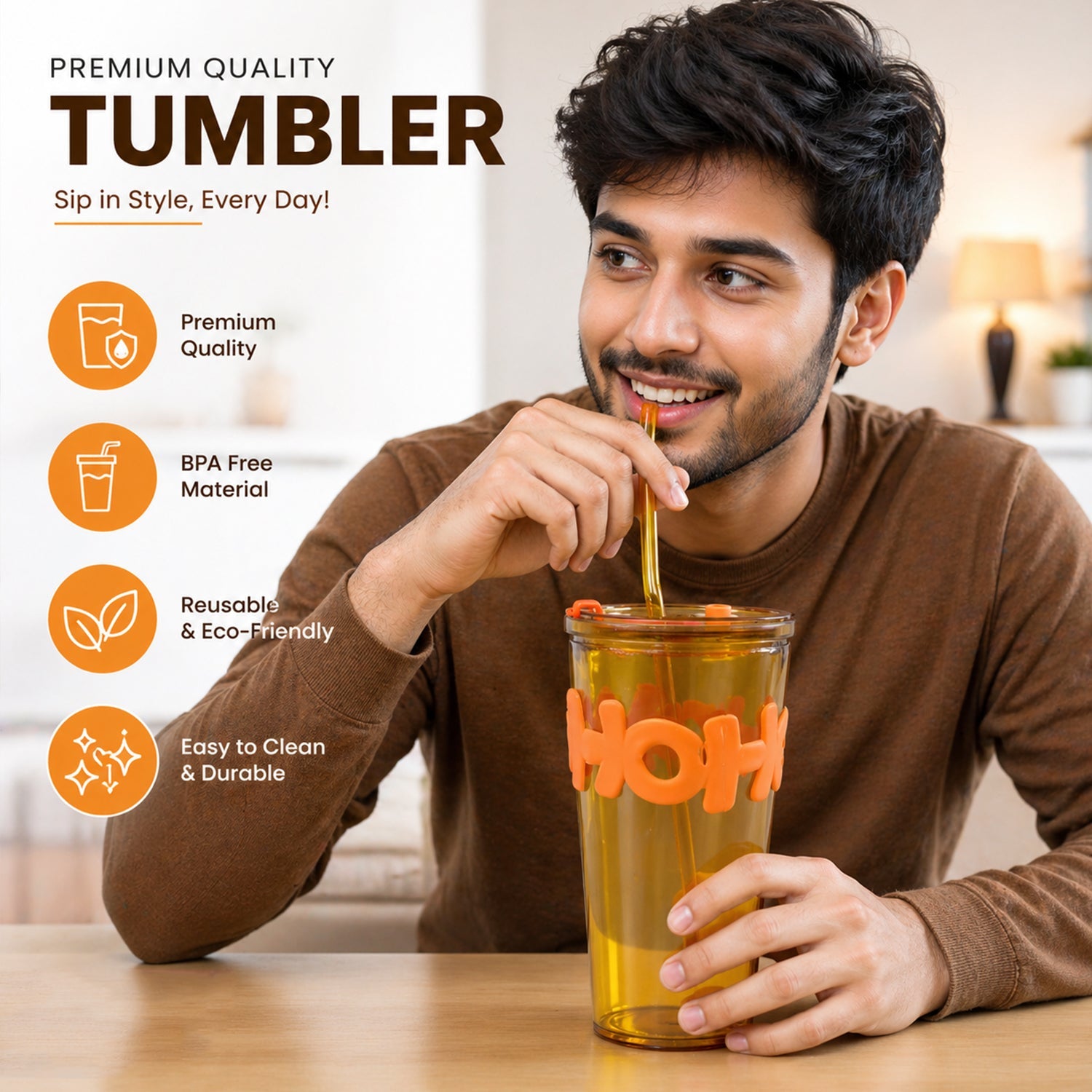 Reusable glass tumbler with leak-proof lid for hot and cold beverages