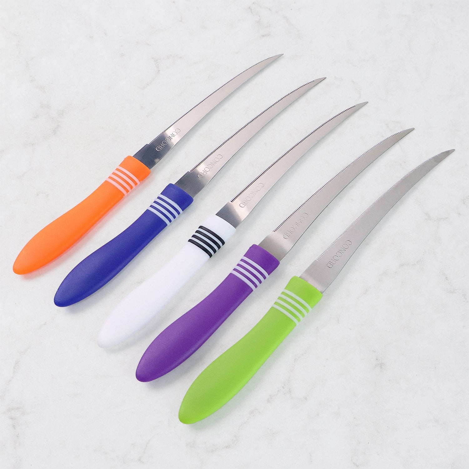 Assorted vibrant colored ergonomic handles of the 12-piece stainless steel serrated knife set.