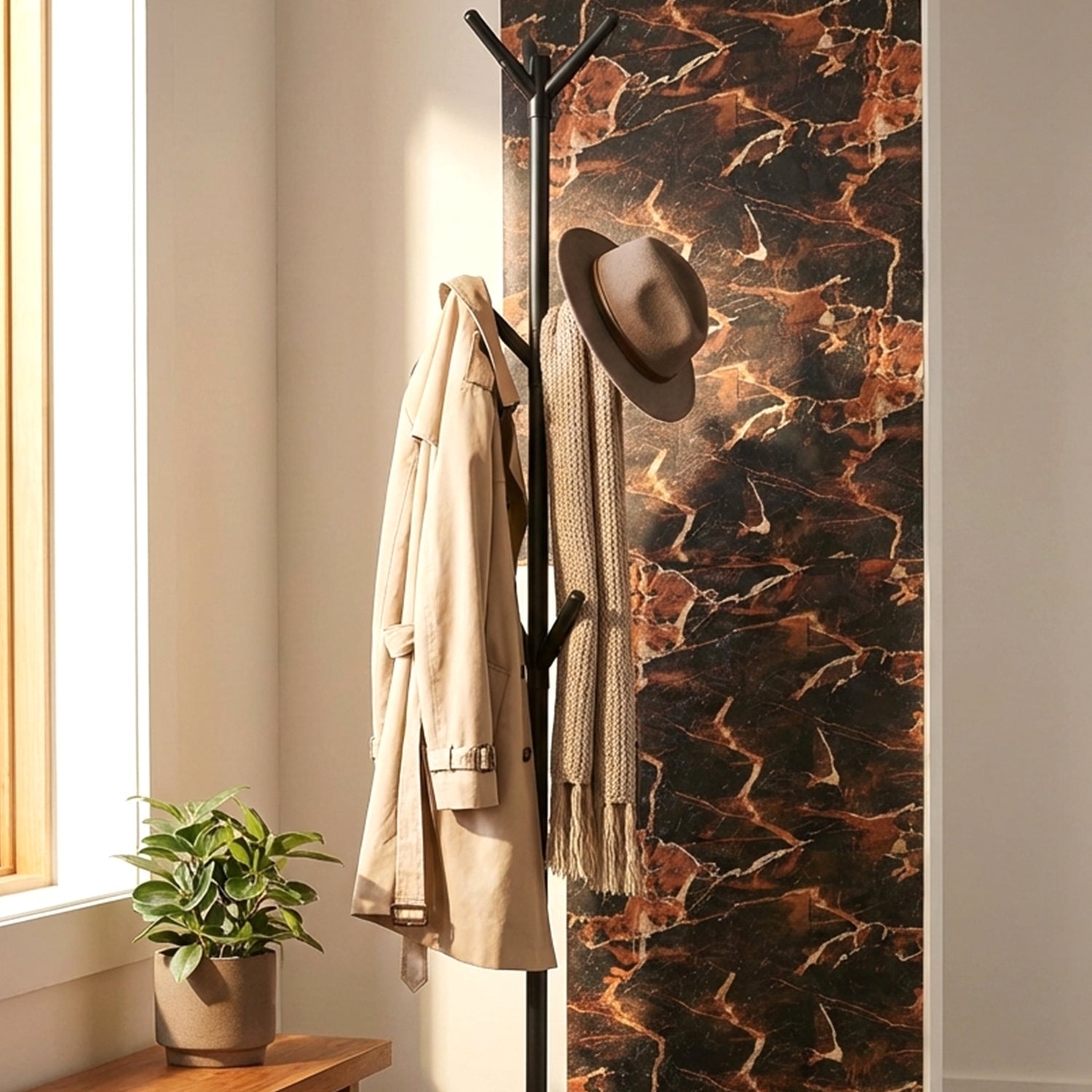 Metal coat rack stand featuring hooks for hats and scarves organization