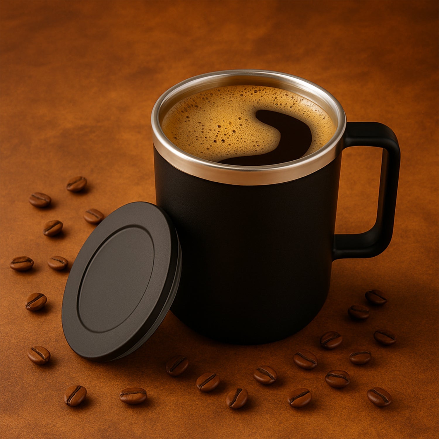 Black 400ml insulated coffee mug with handle and silicone lid on a clean background.