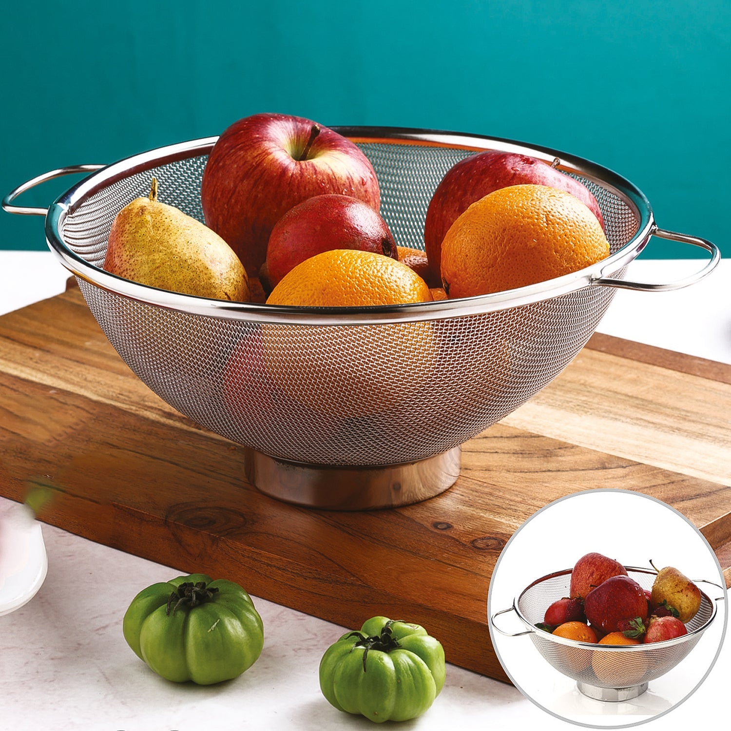 Stainless steel mesh colander with handles showcasing durable kitchen strainer