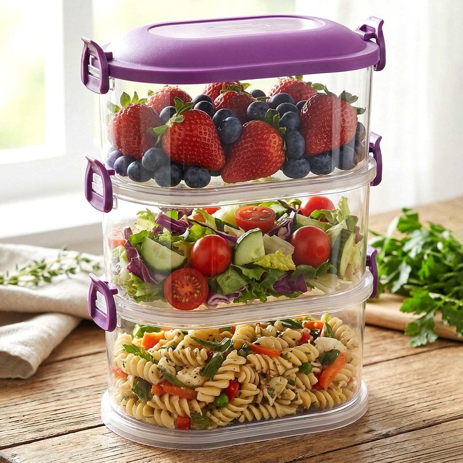 Transparent airtight food storage box showing fresh contents