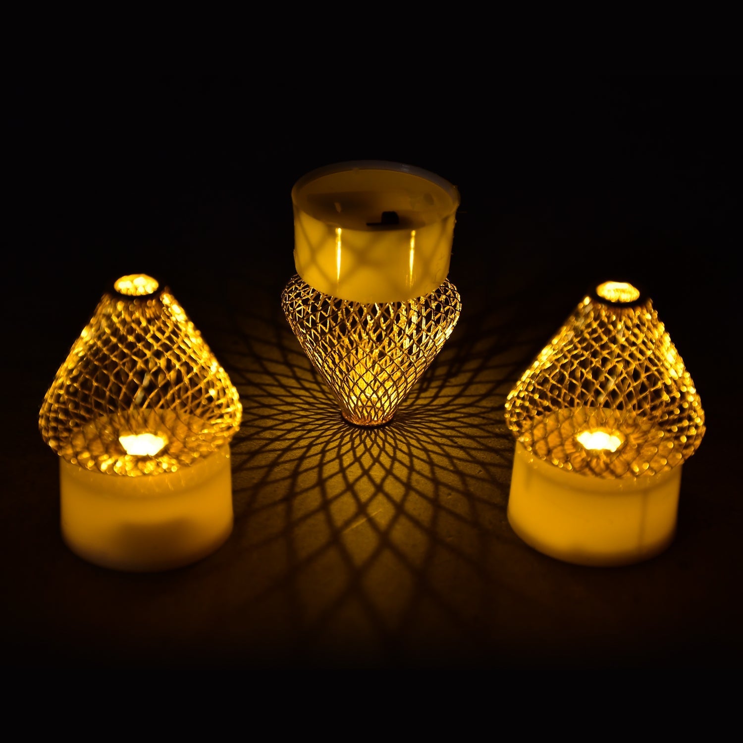 Flameless LED Tea Light Candles arranged with traditional decor for a festive Diwali celebration.