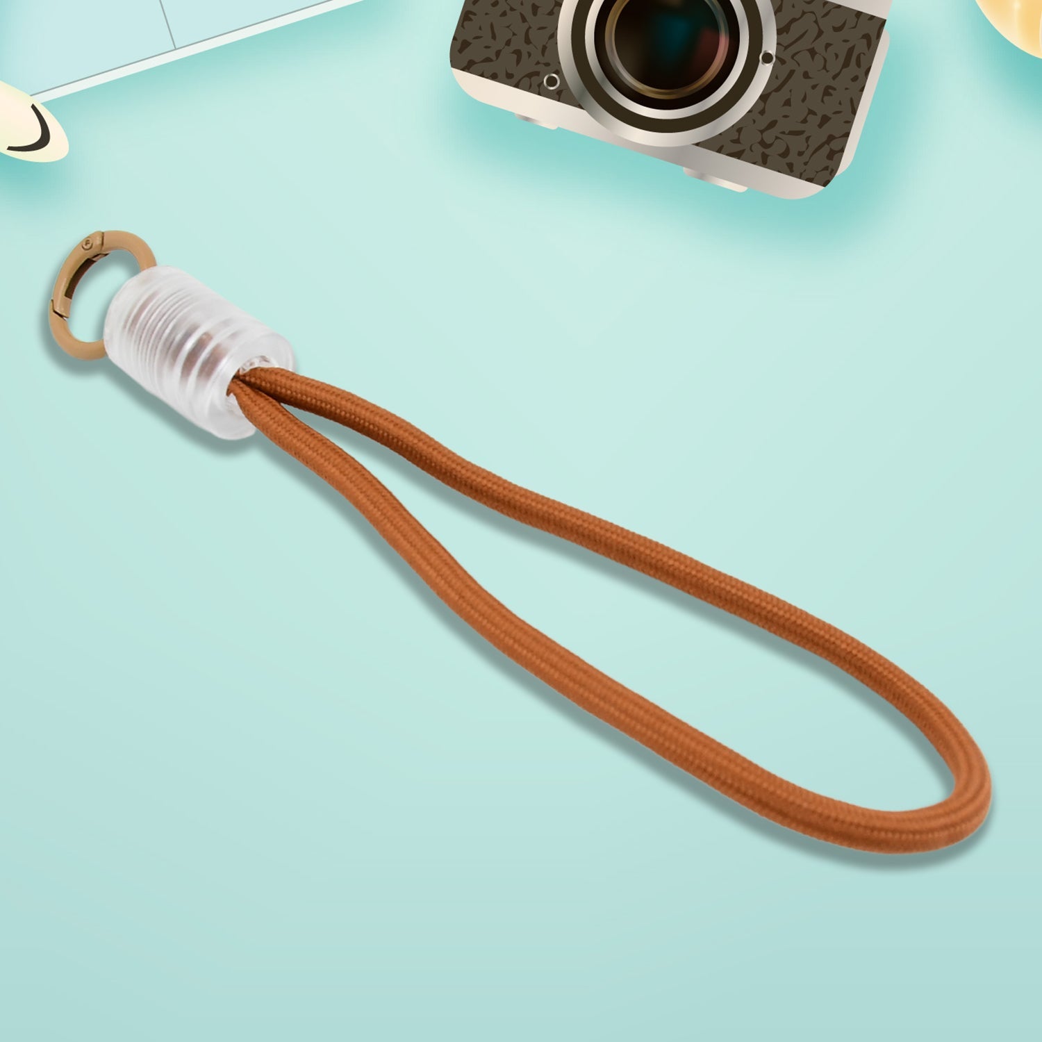 Person's hand securely holding a smartphone with the attached multicolor phone lanyard.