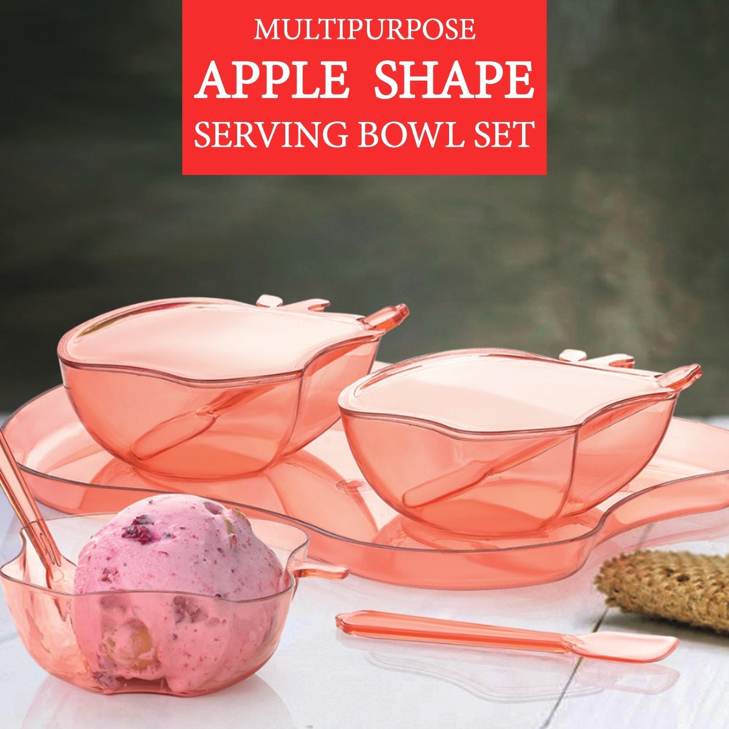 The durable food-grade plastic apple shape serving set ready for use.
