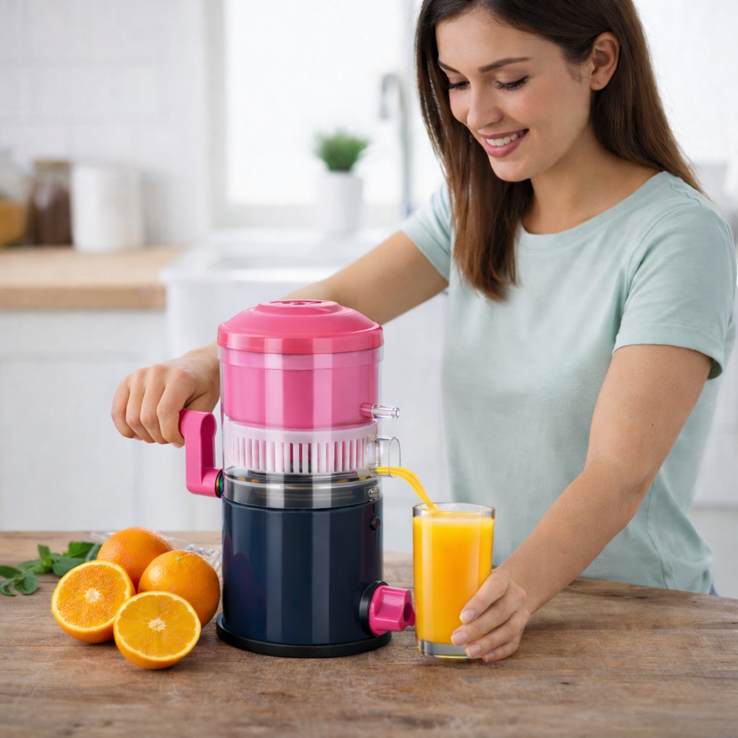 Manual citrus press juicer tool extracting orange juice