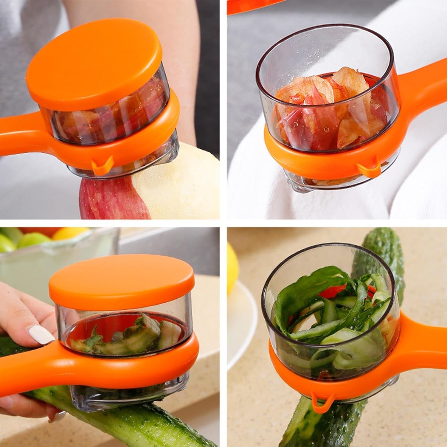 Container attached below stainless steel peeler collecting peel waste