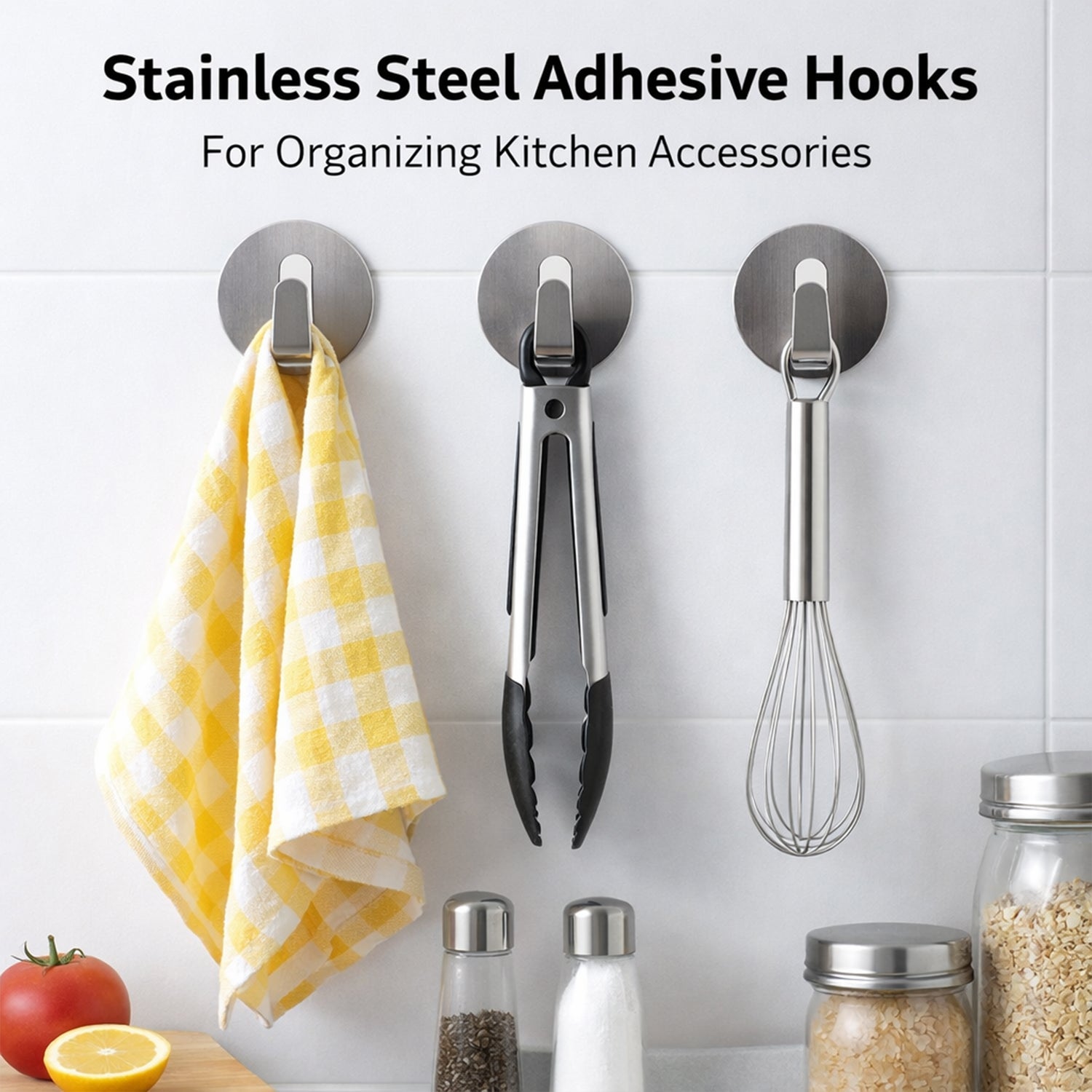 Multiple self-adhesive wall hooks holding various items in an organized display.