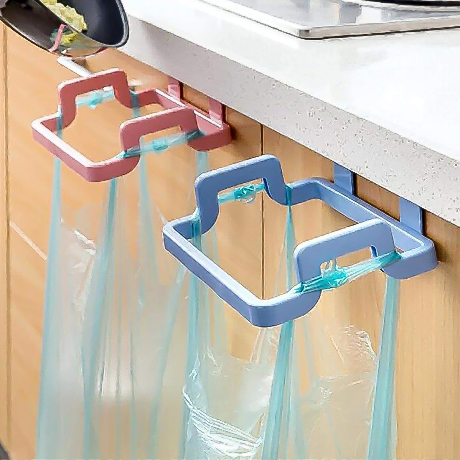 Front view of the durable plastic garbage bag holder for kitchen storage.
