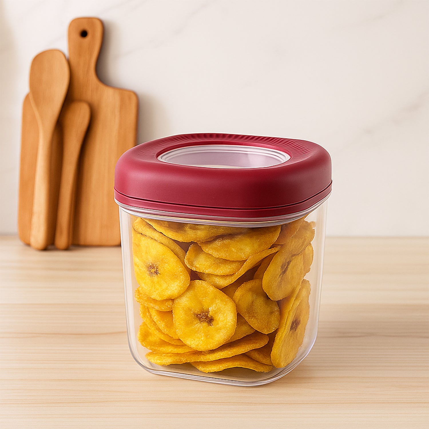 Close-up image of airtight twist lock lids on transparent containers