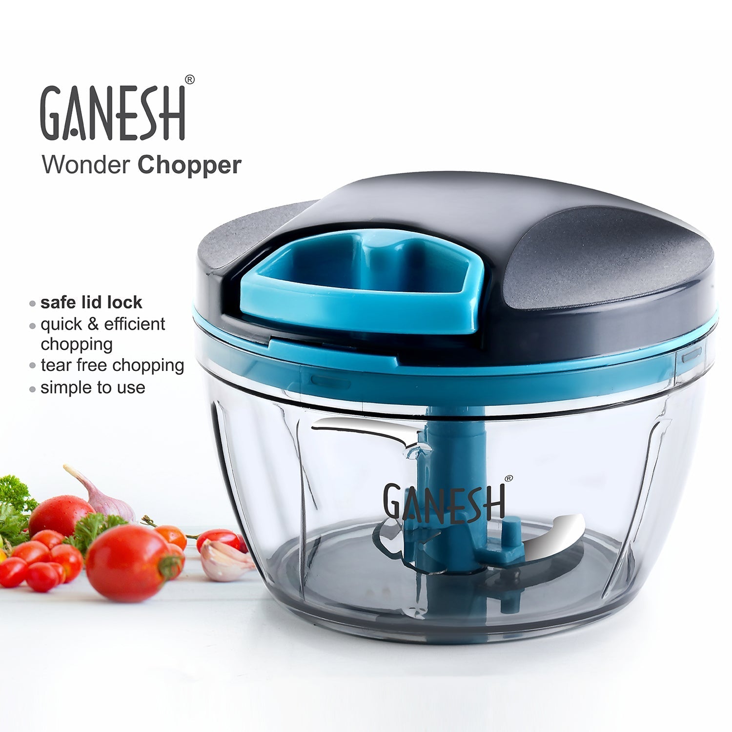 Top-down view of the 470ml Ganesh Wonder Chopper in a modern kitchen setting.