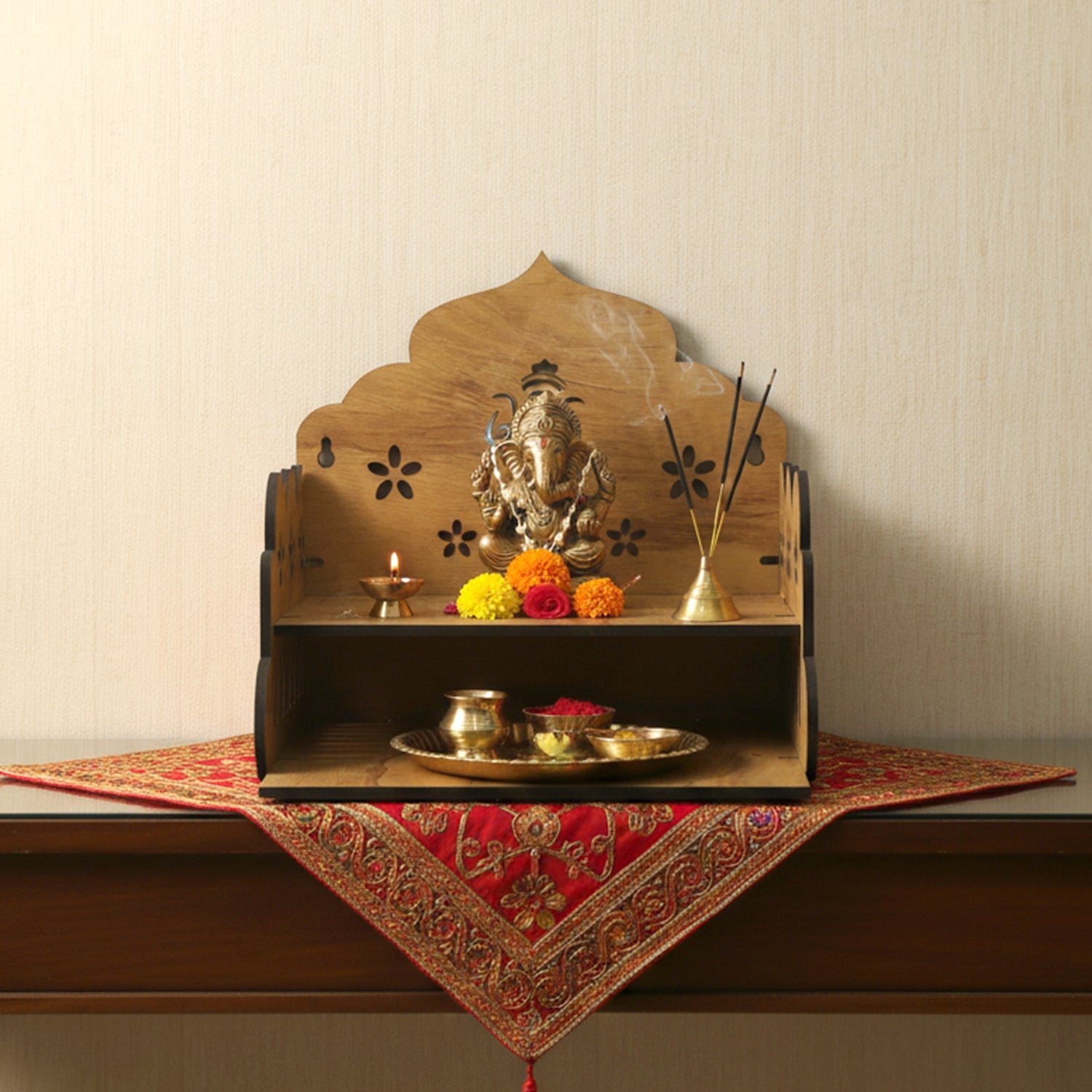 Wooden pooja mandir with top platform and lower shelf for idols and essentials