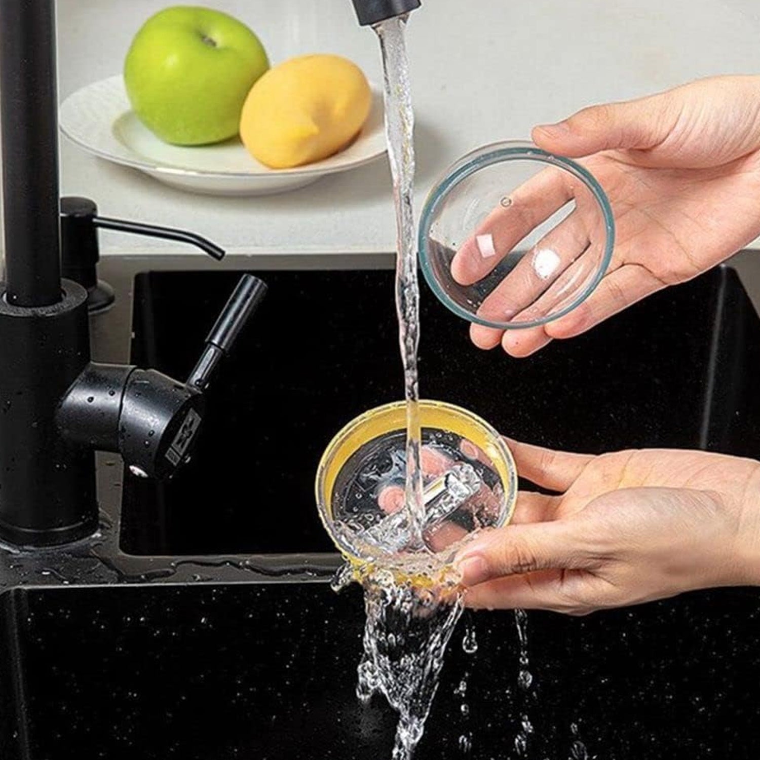 Efficiently peeling a cucumber with the round peeler, collecting peels in the container.