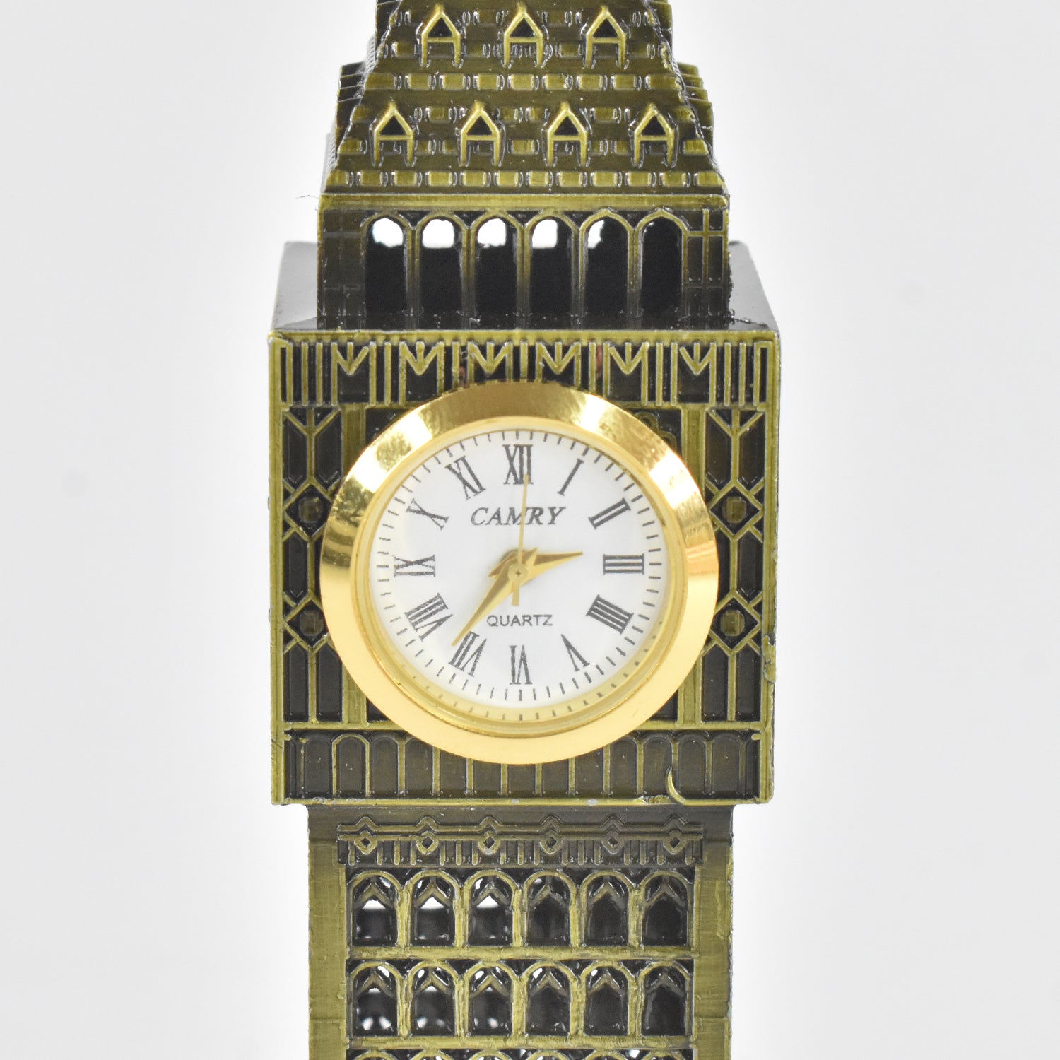 Regal perspective of Big Ben miniature metal statue highlighting fine details