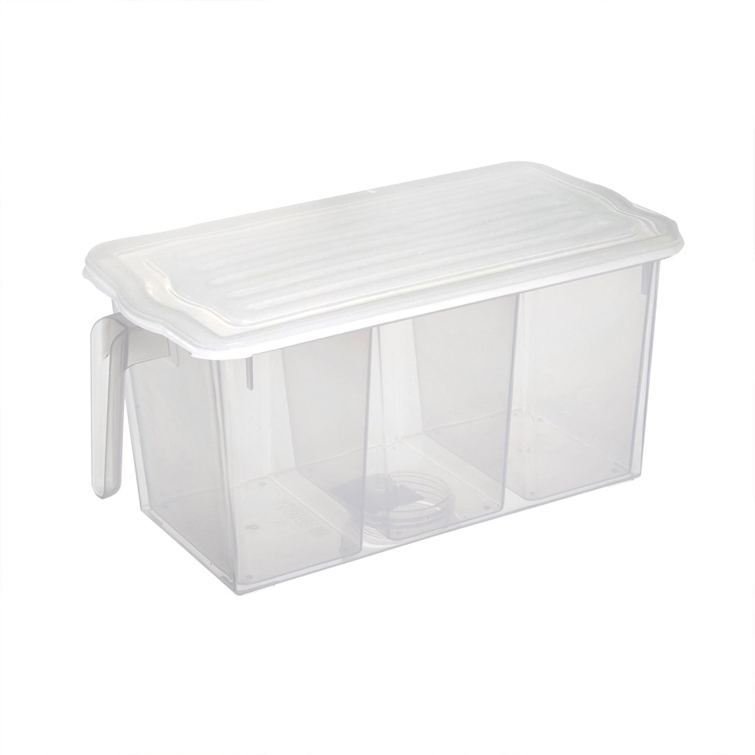 Airtight refrigerator storage box with internal dividers for various items.