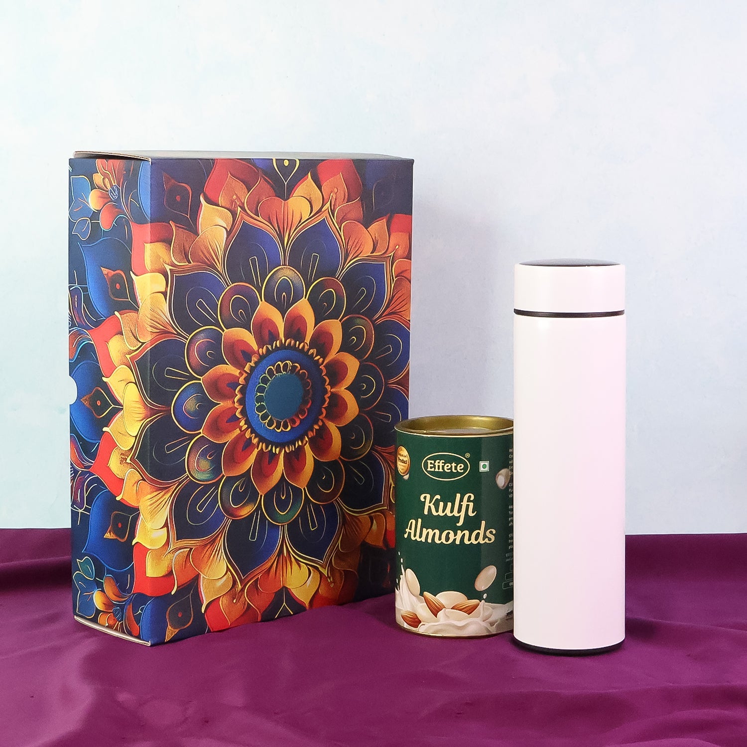 Corporate gifting ready Kulfi Almonds gift box with stainless steel bottle