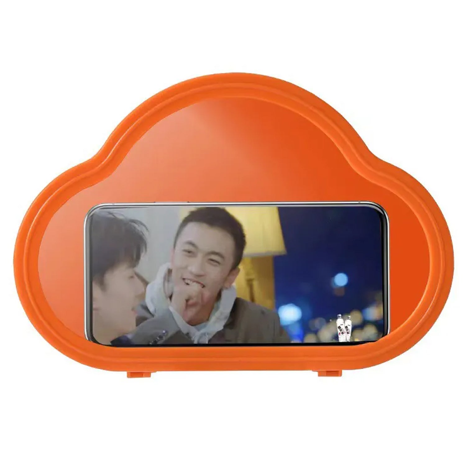 Side profile of the orange waterproof mobile stand, highlighting its secure enclosure and slim design.