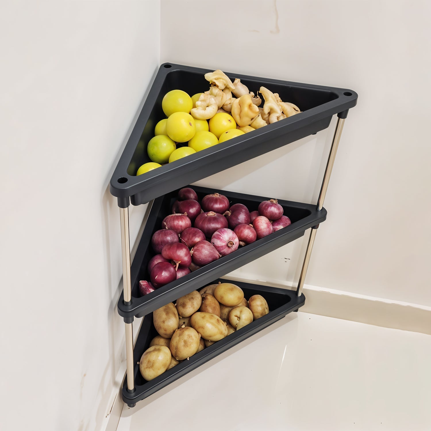 Close-up of the drainage holes and metal rods on plastic corner storage rack