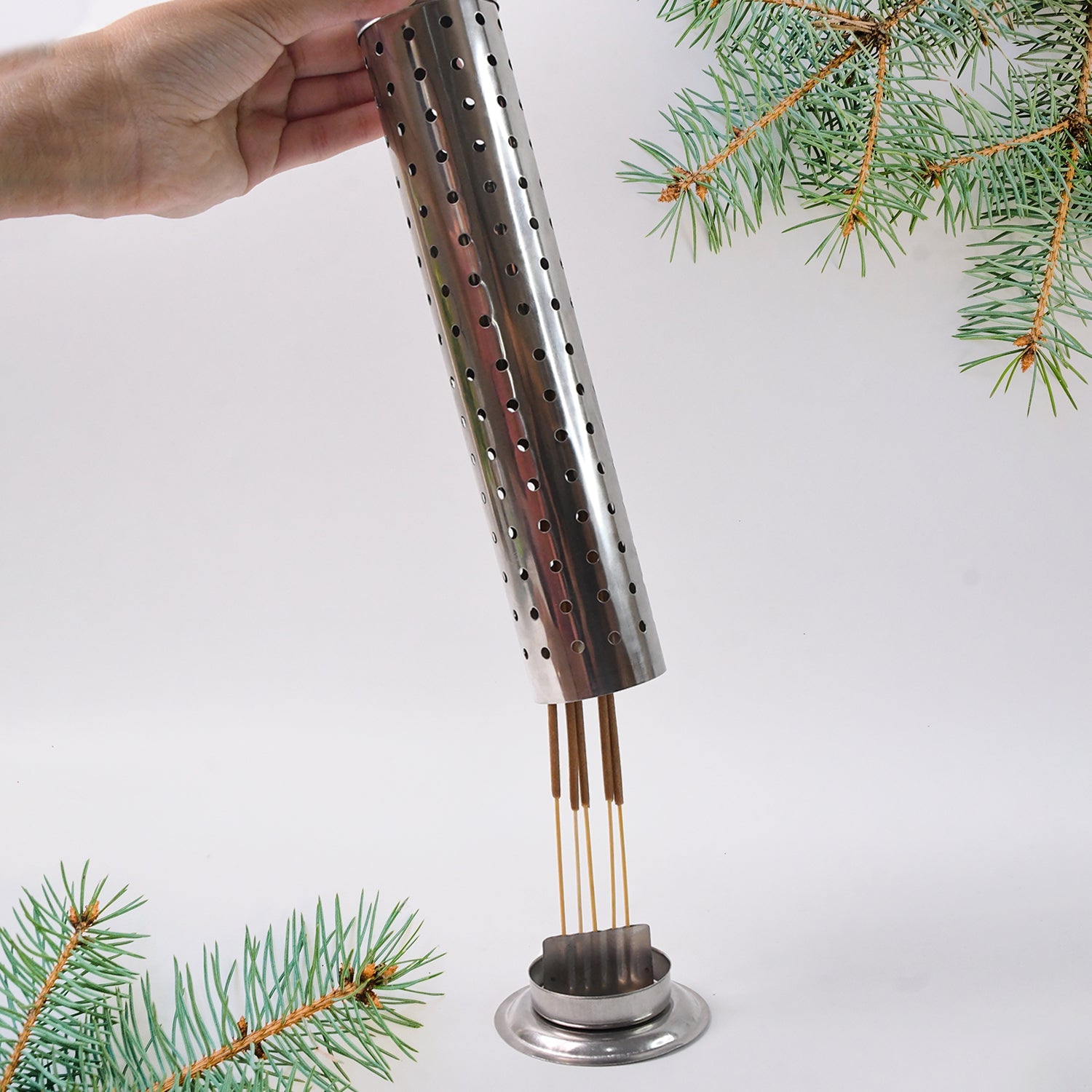Cylinder-shaped stainless steel incense holder for agarbatti sticks