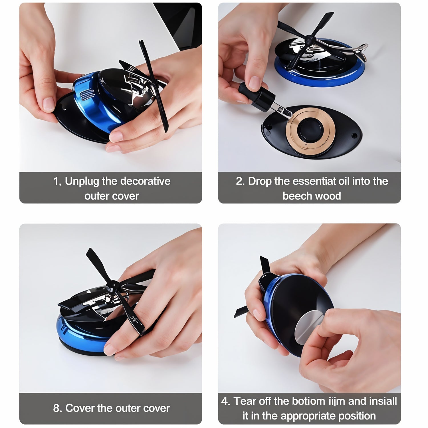 Helicopter car air freshener showing rotating solar-powered blades