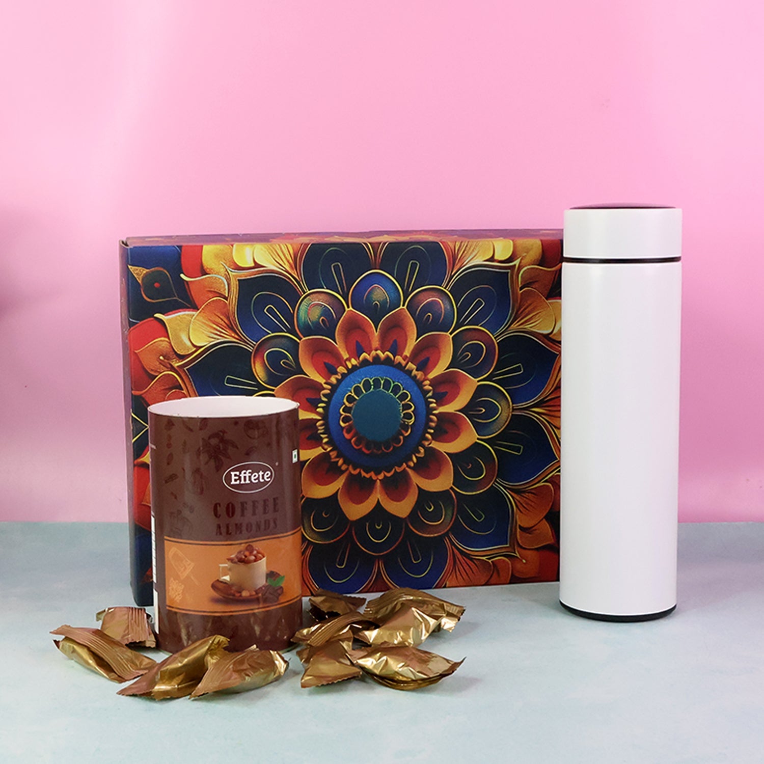Premium stainless steel bottle included in coffee almonds gift hamper