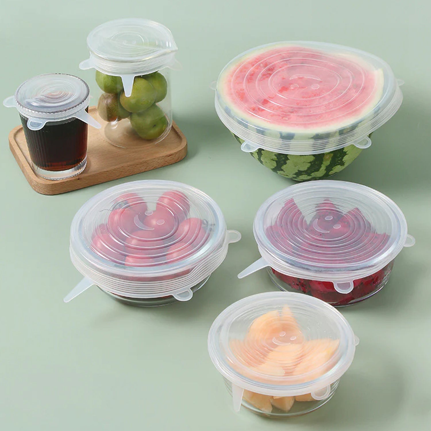 Colorful set of silicone food covers ready for use in kitchen