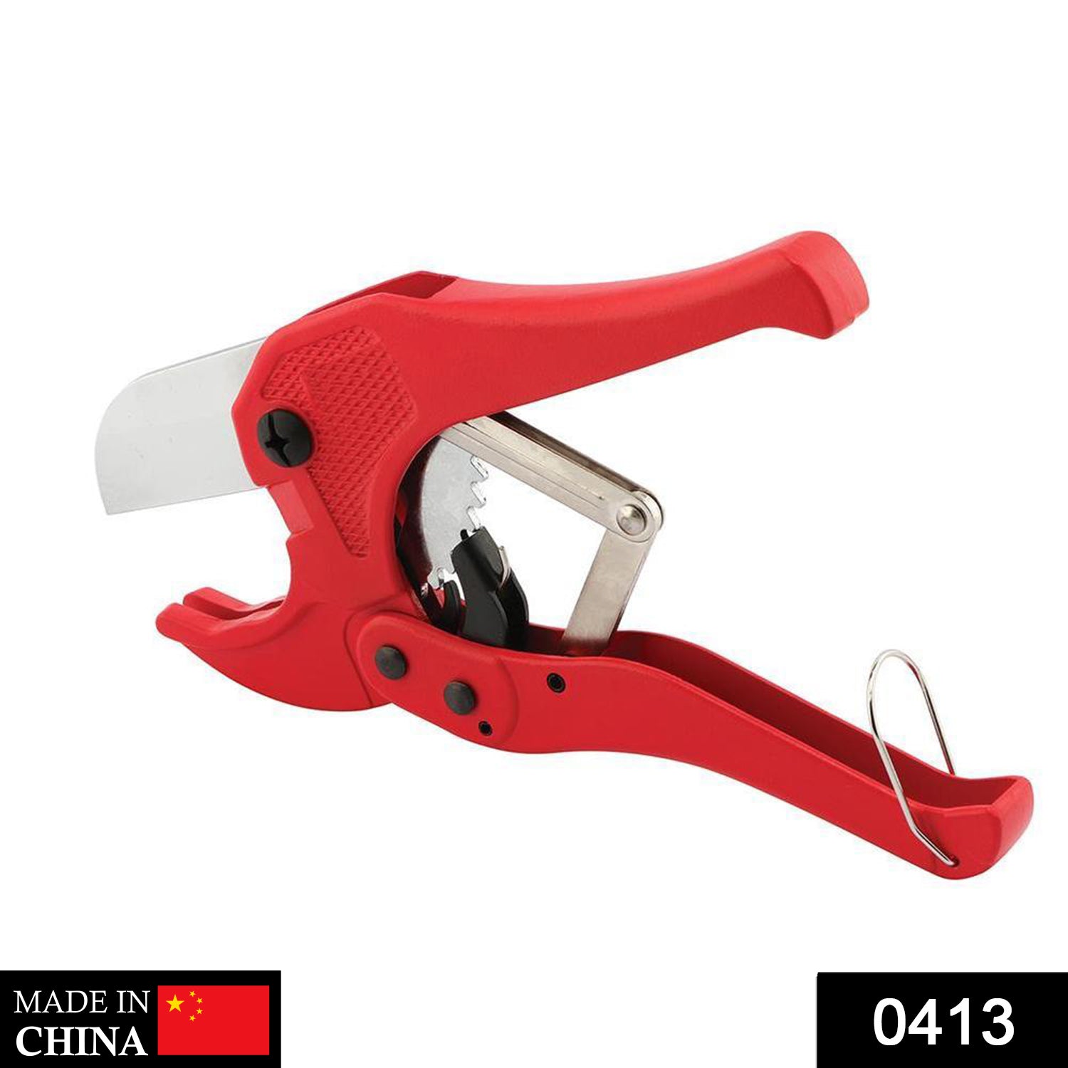 Heavy-duty PVC pipe cutter with sharp stainless steel blade for precise cuts.
